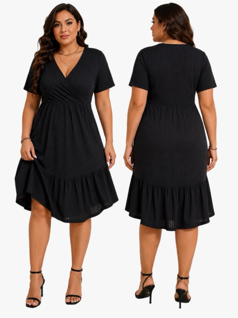 SHEIN Curve Black Ribbed Faux Wrap Ruffle Hem Dress Plus Size 3X